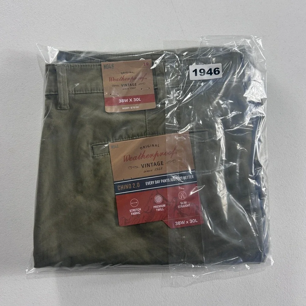 Weatherproof Vintage Chino Pants Slim Straight Stretch Twill Khaki 38W x 30L NEW